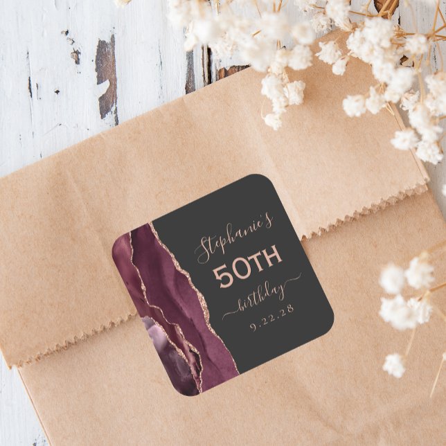 Agate Burgundy Rose Gold Dark 50th Birthday Square Sticker (Creator Uploaded)