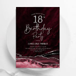 Agate Burgundy Silver 18th Birthday Invitation<br><div class="desc">Burgundy and silver agate 18th birthday party invitation. Elegant modern design featuring marsala wine dark red watercolor agate marble geode background,  faux glitter gold and typography script font. Trendy invite card perfect for a stylish women's bday celebration. Printed Zazzle invitations or instant download digital printable template.</div>