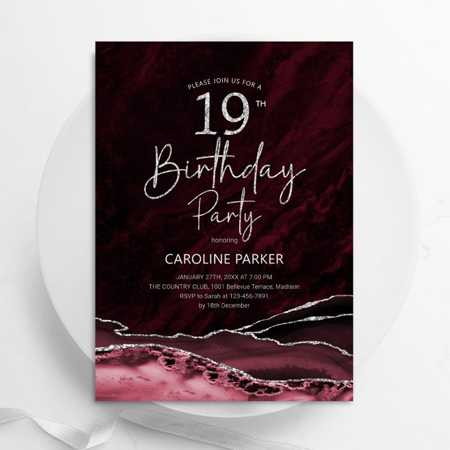 Agate Burgundy Silver 19th Birthday Invitation (Creator Uploaded)