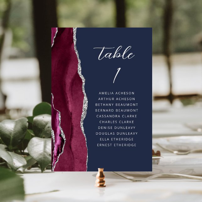 Agate Burgundy Silver Modern Script Navy Wedding Table Number (Creator Uploaded)