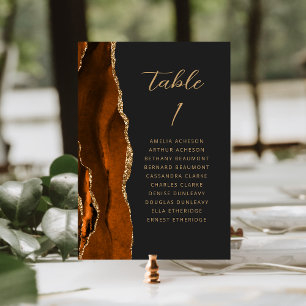 Agate Burnt Orange Gold Modern Script Dark Wedding Table Number