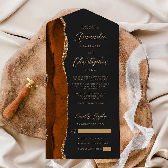 Agate Burnt Orange Gold Script Dark All In One Invitation (Creator Uploaded)