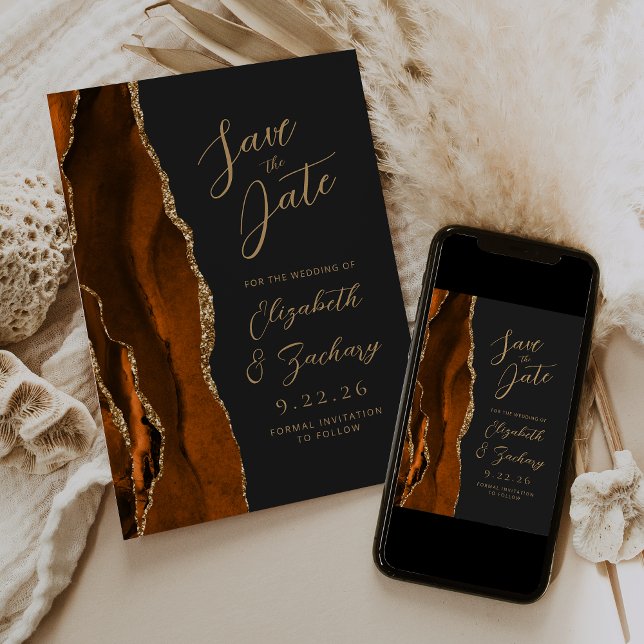 Agate Burnt Orange Gold Script Dark Wedding Save Save The Date (Creator Uploaded)