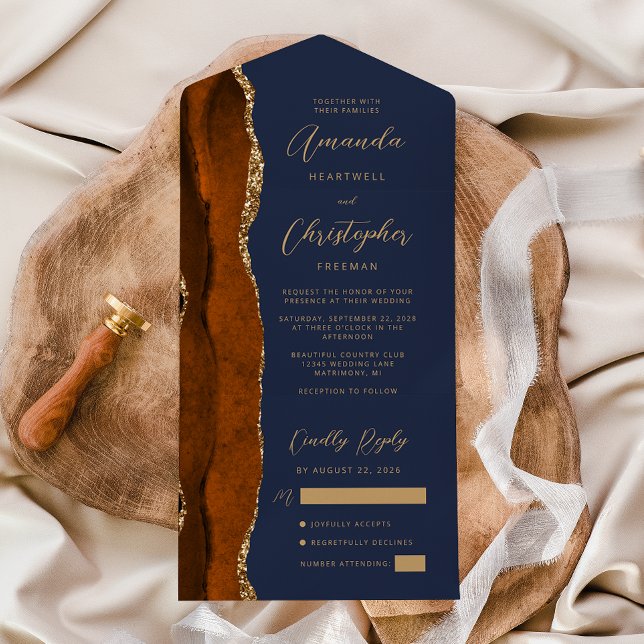 Agate Burnt Orange Gold Script Navy Blue All In One Invitation (Creator Uploaded)