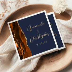 Agate Burnt Orange Gold Script Navy Blue Wedding Napkin