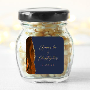 Agate Burnt Orange Gold Script Navy Blue Wedding Square Sticker