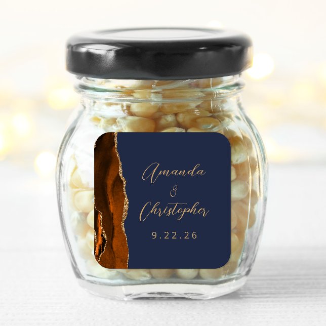 Agate Burnt Orange Gold Script Navy Blue Wedding Square Sticker (Creator Uploaded)