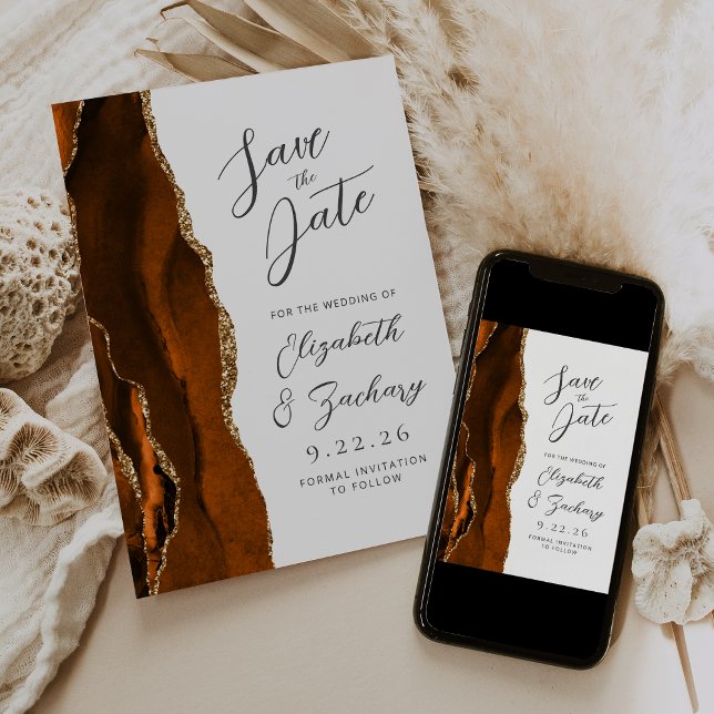 Agate Burnt Orange Gold Script Wedding Save The Date (Creator Uploaded)