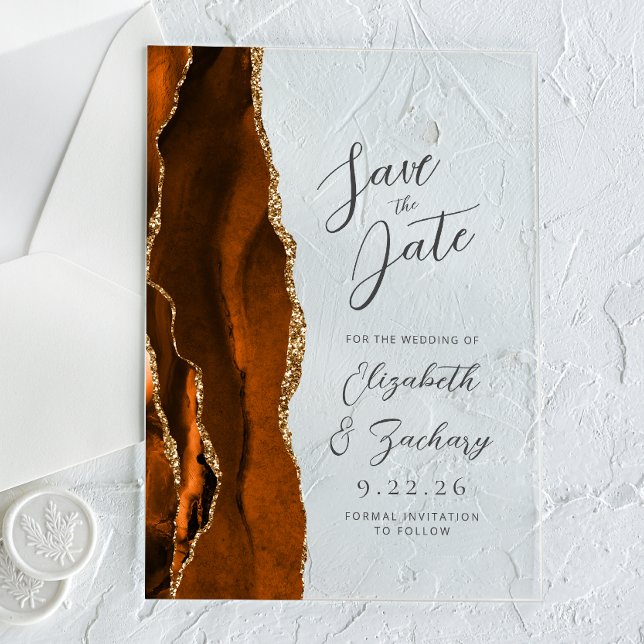 Agate Burnt Orange Gold Wedding Save the Date Acrylic Invitations (Creator Uploaded)
