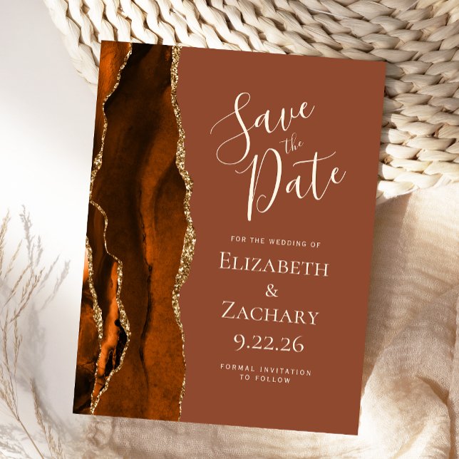 Agate Burnt Orange Rust Brown Save the Date Announcement Postcard (Creator Uploaded)