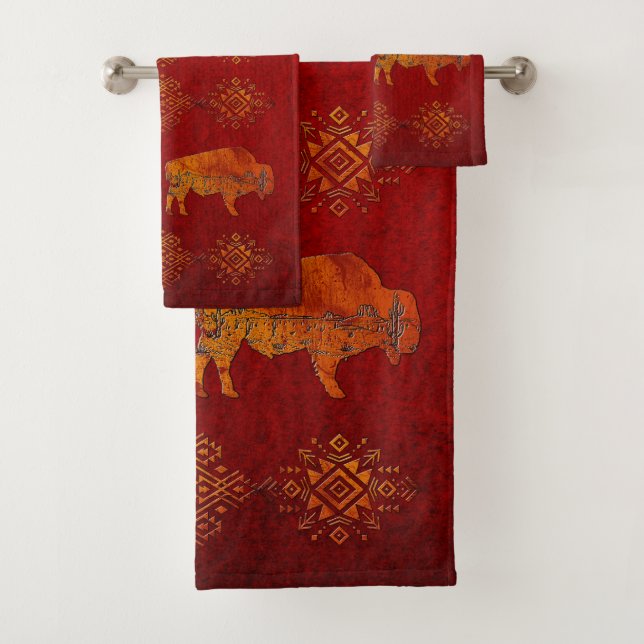 Agate Carved Buffalo with Desert Scene Graphic Bath Towel Set (Insitu)