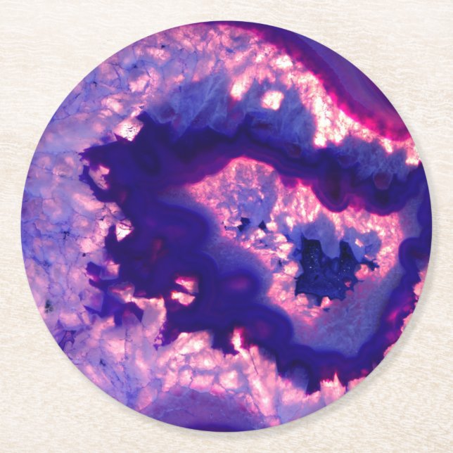 agate crystal purple elegant round paper coaster (Front)