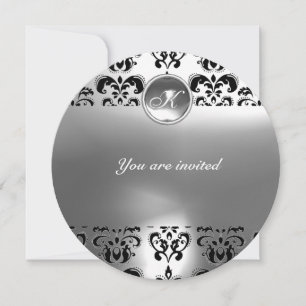AGATE DAMASK GEM STONE MONOGRAM black white Invitation