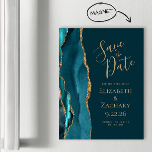 Agate Dark Teal Blue Gold Magnetic Save the Date