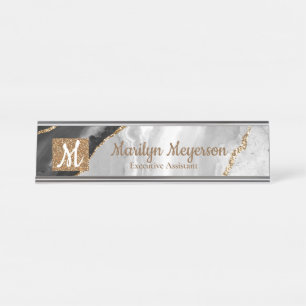 Agate Desk Name Plate Black and White Gold Glitter