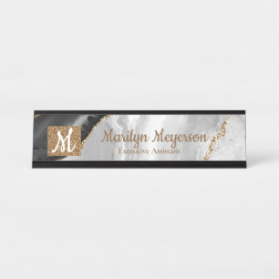 Agate Desk Name Plate Black and White Gold Glitter