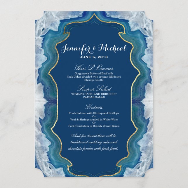 Agate Elegant Pretty Blue Teal Geode Pattern Menu (Front)