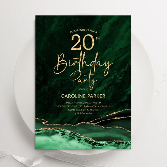 Agate Emerald Green Gold 20th Birthday Invitation (Creator Uploaded)