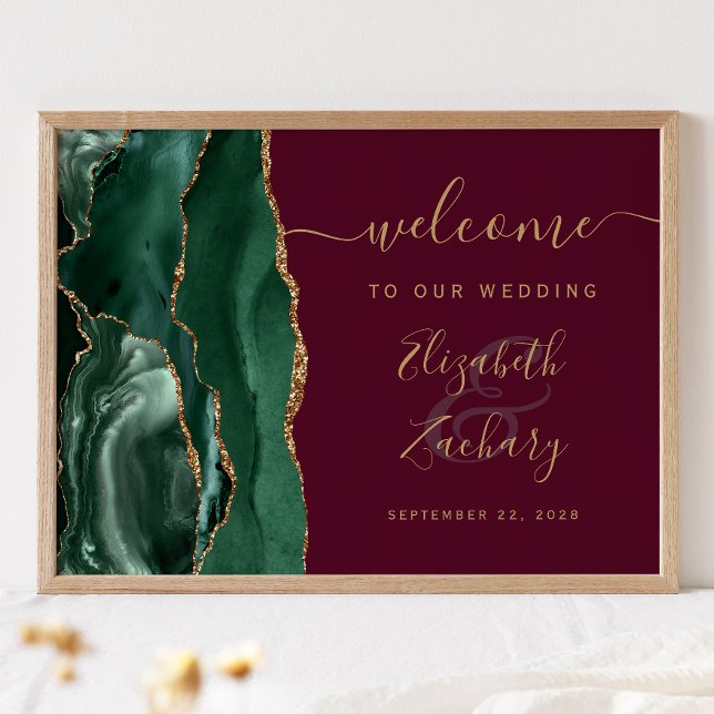 Agate Emerald Green Gold Burgundy Wedding Welcome Poster (Creator Uploaded)