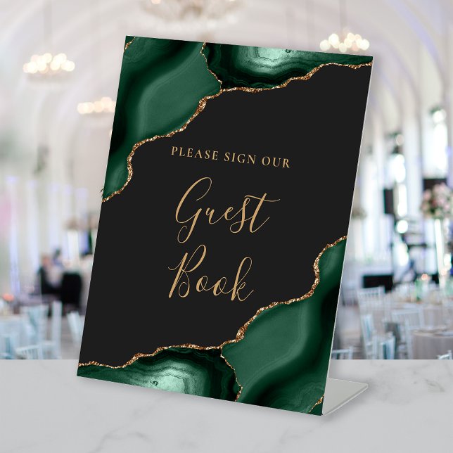 Agate Emerald Green Gold Dark Wedding Guest Book Pedestal Sign (Creator Uploaded)