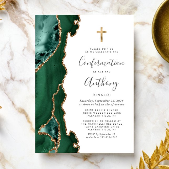 Agate Emerald Green Gold Glitter Confirmation Invitation (Creator Uploaded)