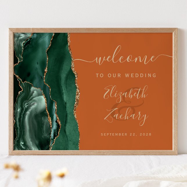 Agate Emerald Green Gold Rust Wedding Welcome Poster (Creator Uploaded)