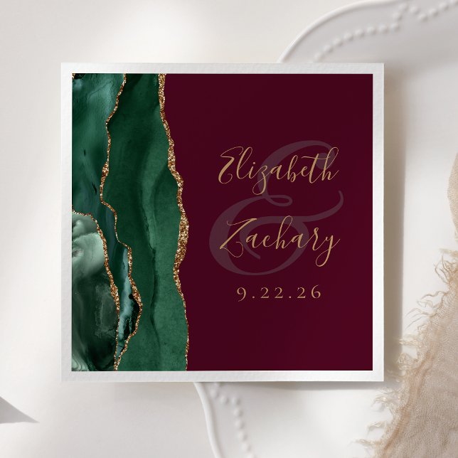 Agate Emerald Green Gold Script Burgundy Wedding Napkin (Creator Uploaded)