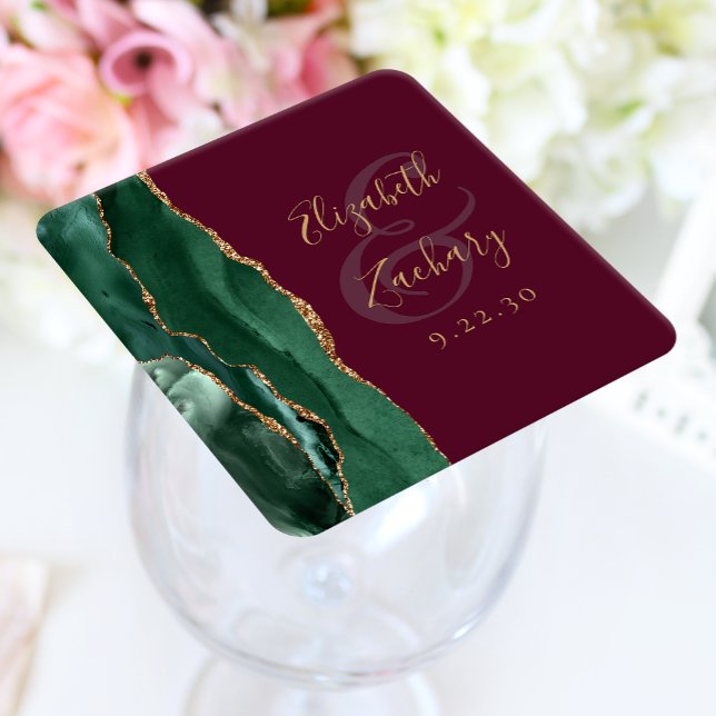 Agate Emerald Green Gold Script Burgundy Wedding Square Paper Coaster (Creator Uploaded)