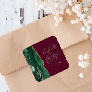 Agate Emerald Green Gold Script Burgundy Wedding Square Sticker