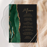 Agate Emerald Green Gold Script Dark Wedding Menu<br><div class="desc">This elegant modern wedding menu features an emerald green watercolor agate border trimmed with faux gold glitter. The customisable text combines gold-coloured handwriting script and sans serif fonts on an off-black background. The green and gold agate design is repeated on the reverse side.</div>
