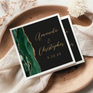 Agate Emerald Green Gold Script Dark Wedding Napkin