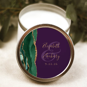 Agate Emerald Green Gold Script Purple Wedding Classic Round Sticker