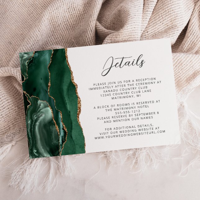 Agate Emerald Green Gold Script Wedding Details Enclosure Card (Creator Uploaded)