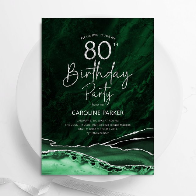 Agate Emerald Green Silver 80th Birthday Invitation (Creator Uploaded)