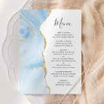 Agate Geode Baby Blue Gold Glitter Wedding Menu<br><div class="desc">The left-hand edge of this elegant modern wedding menu features a baby blue watercolor agate border trimmed with faux gold glitter. The customisable text combines handwriting script and copperplate fonts in charcoal grey on a white background. The reverse side features a matching baby blue and gold agate design.</div>