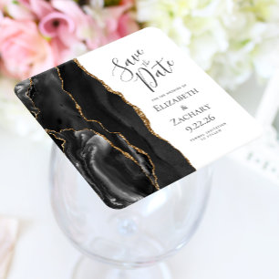 Agate Geode Black Gold Save the Date Square Paper Coaster