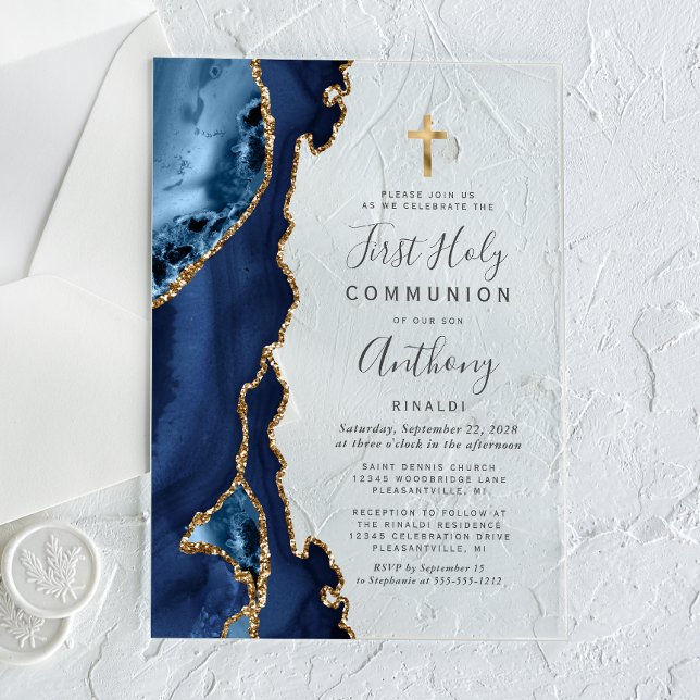 Agate Geode Blue Gold Glitter First Holy Communion Acrylic Invitations (Creator Uploaded)