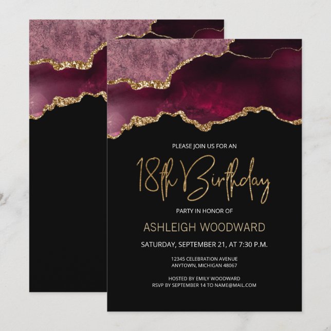 Agate Geode Burgundy Gold 18th Birthday Party Invitation (Front/Back)