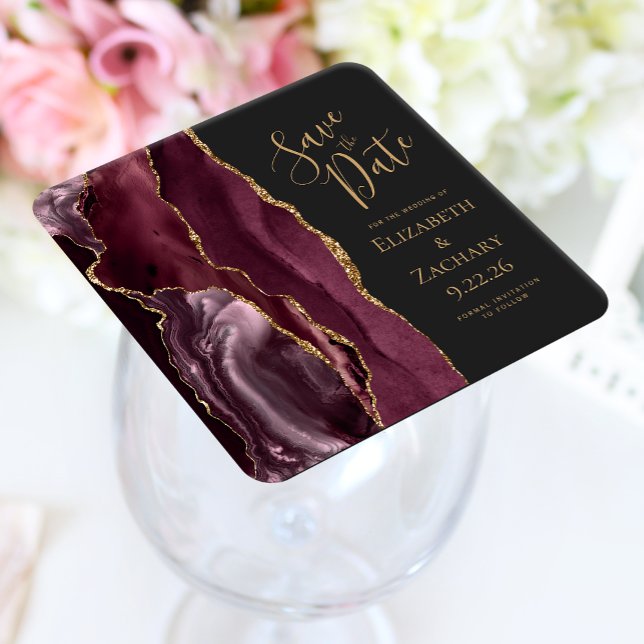 Agate Geode Burgundy Gold Dark Save the Date Square Paper Coaster (Creator Uploaded)