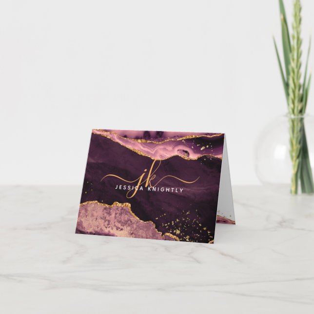 Agate Geode Burgundy Gold Glitter Monogram Script Note Card (Front)