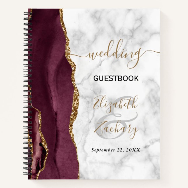 Agate Geode Burgundy Gold Marble Wedding Guest Notebook (Front)