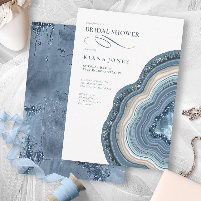 Agate Geode Glitter Bridal Shower Dusty Blue ID647 Invitation (Front/Back In Situ)