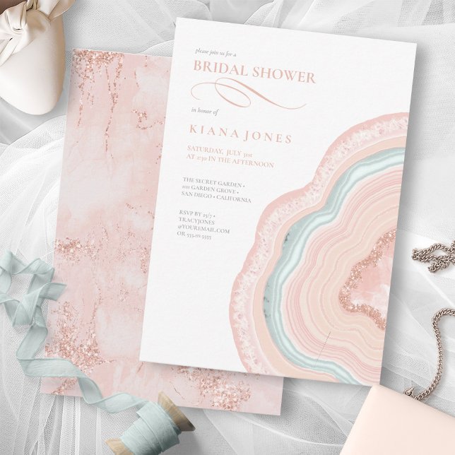 Agate Geode Glitter Bridal Shower Rose Gold ID647 Invitation (Front/Back In Situ)