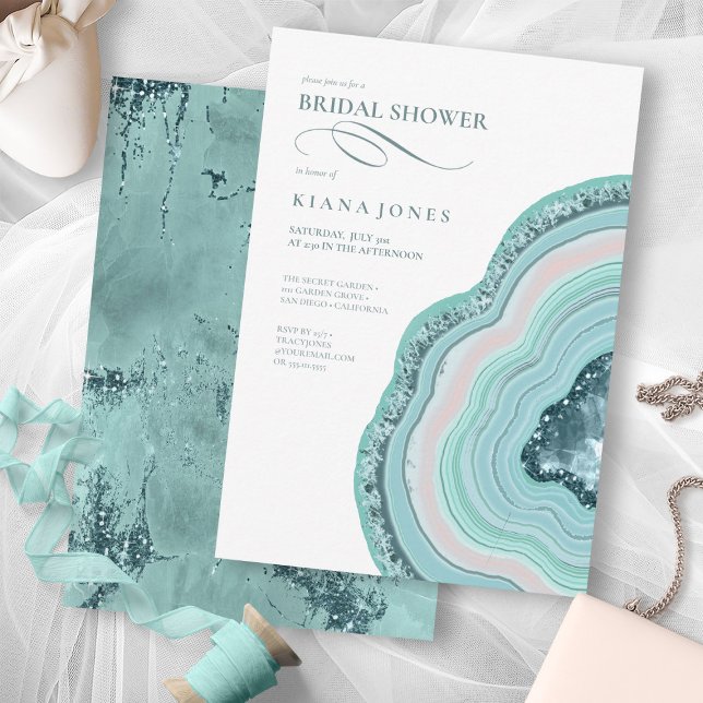 Agate Geode Glitter Bridal Shower Teal ID647 Invitation (Front/Back In Situ)