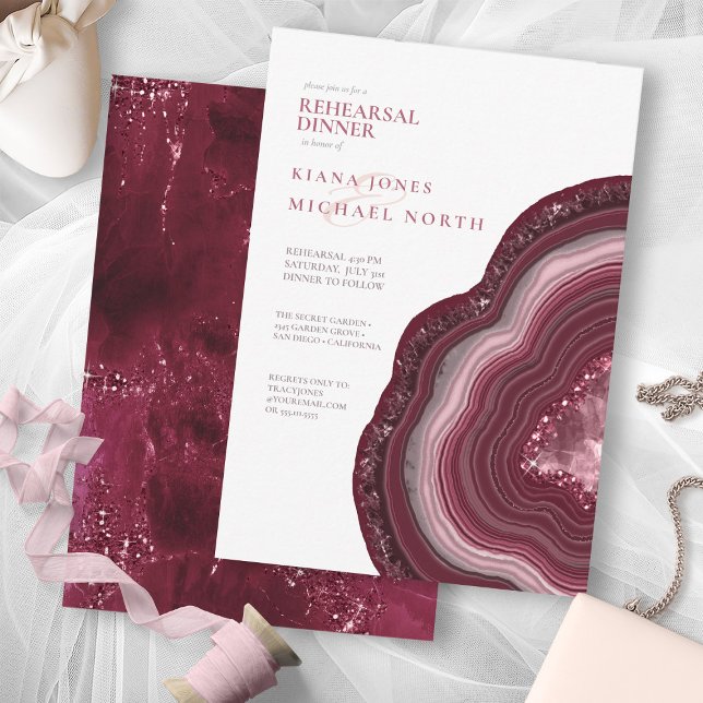 Agate Geode Glitter Rehearsal Burgundy ID647 Invitation (Front/Back In Situ)