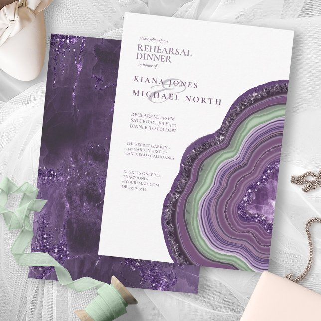 Agate Geode Glitter Rehearsal Dinner Violet ID647 Invitation (Front/Back In Situ)