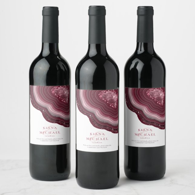 Agate Geode Glitter Wedding Burgundy ID647 Wine Label (Bottles)