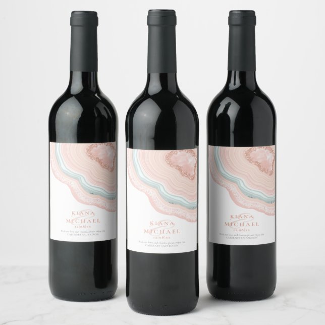 Agate Geode Glitter Wedding Rose Gold ID647 Wine Label (Bottles)