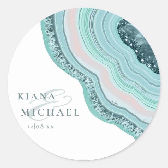 Agate Geode Glitter Wedding Teal ID647 Classic Round Sticker (Front)