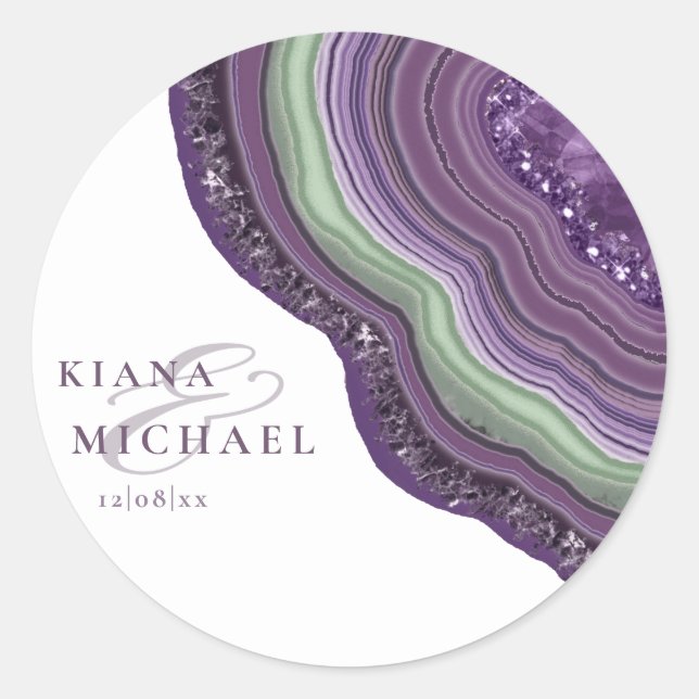 Agate Geode Glitter Wedding Violet ID647 Classic Round Sticker (Front)